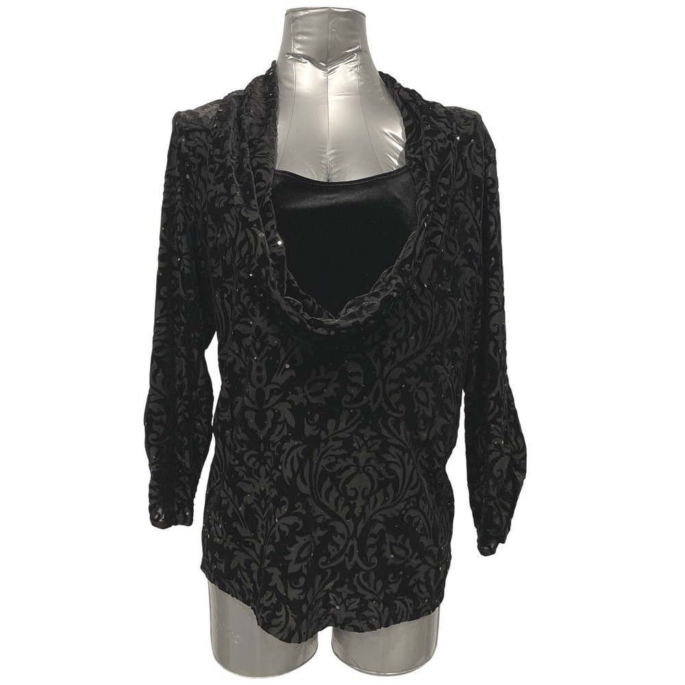 Plus Size 1X Woman Black Velvet Burnout Sequin Cowl Neck Top‎ Blouse Pullover